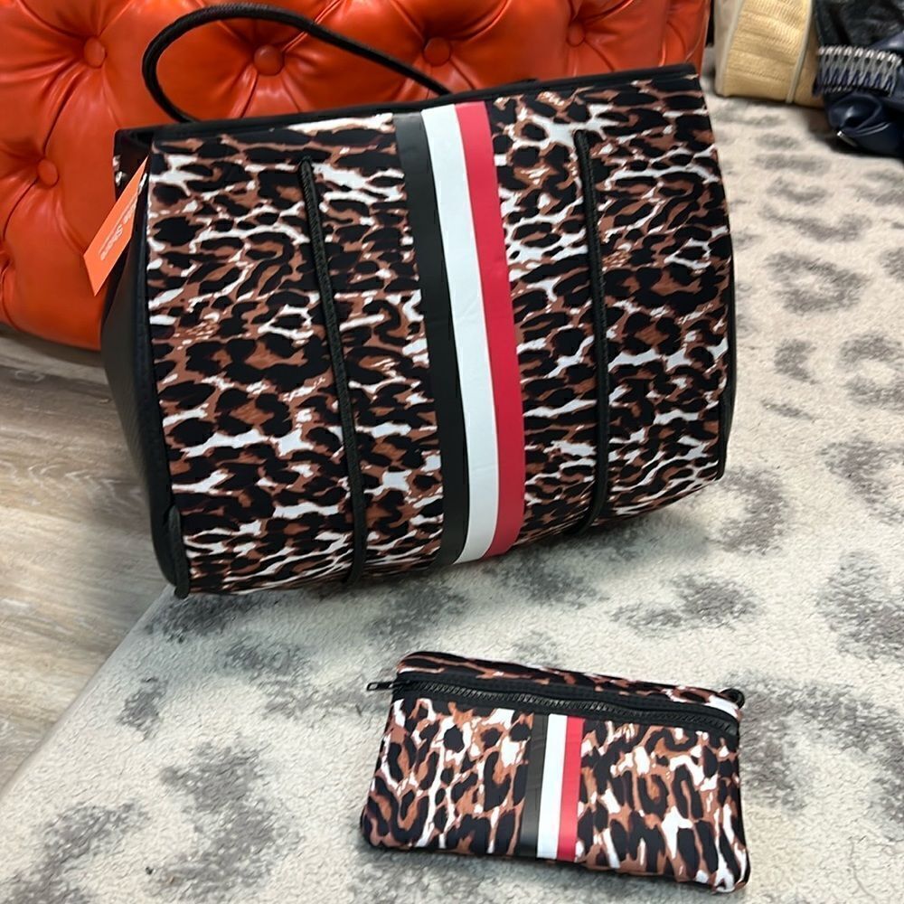 Leopard Tote with Red Stripe - BRAND NEW Neoprene Tote Bag - With Tags